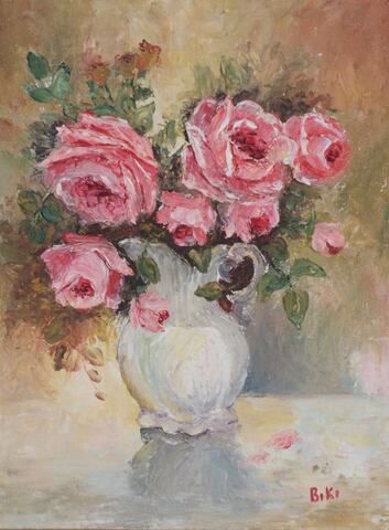 Pink Roses in White Pitcher